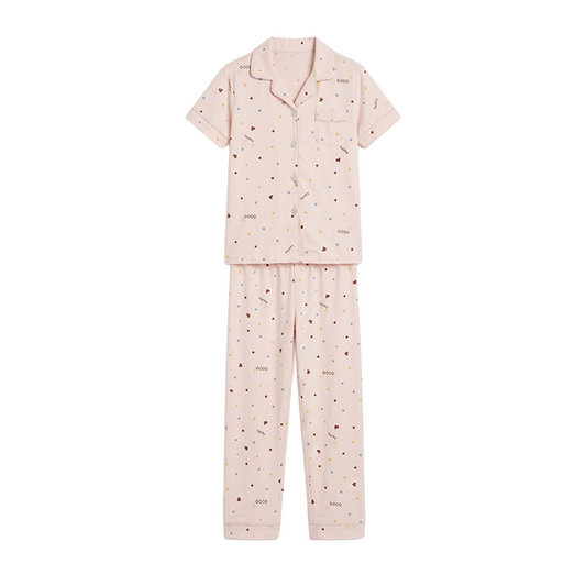 Girls Peach Dot & Heart Button-Front Pyjama Set