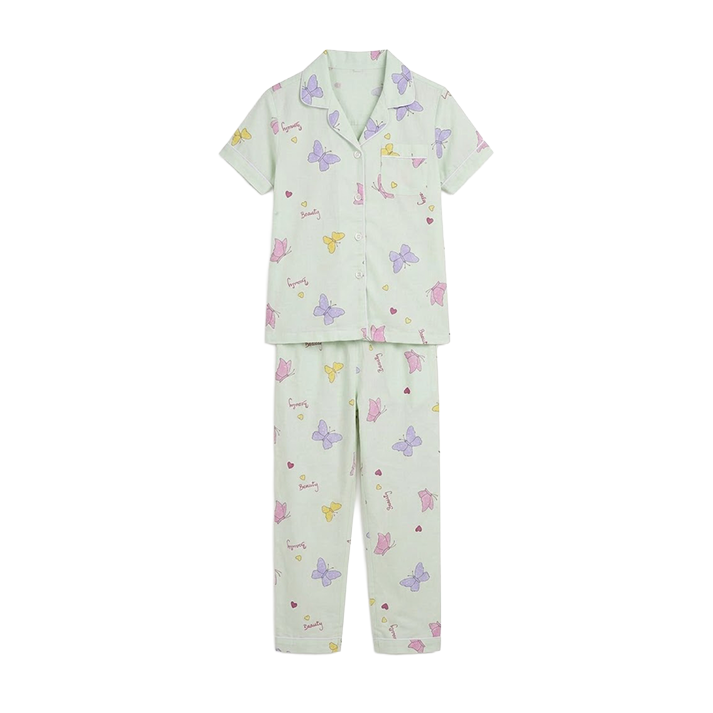 Girls Mint Butterfly Button-Front Pyjama Set