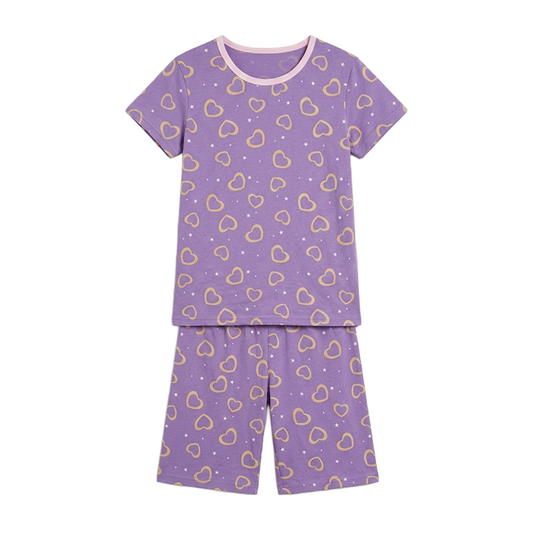 Girls Neon Heart Half Sleeves Shorts Set
