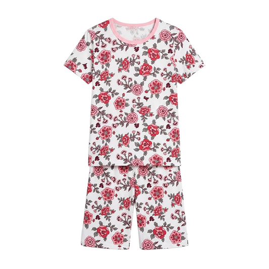 Girls Rose Floral Print Half Sleeves Shorts Set