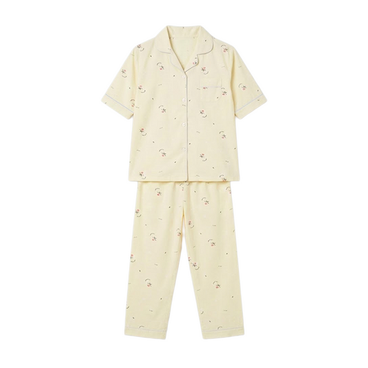 Women Cream Half Sleeves Pyjama Set