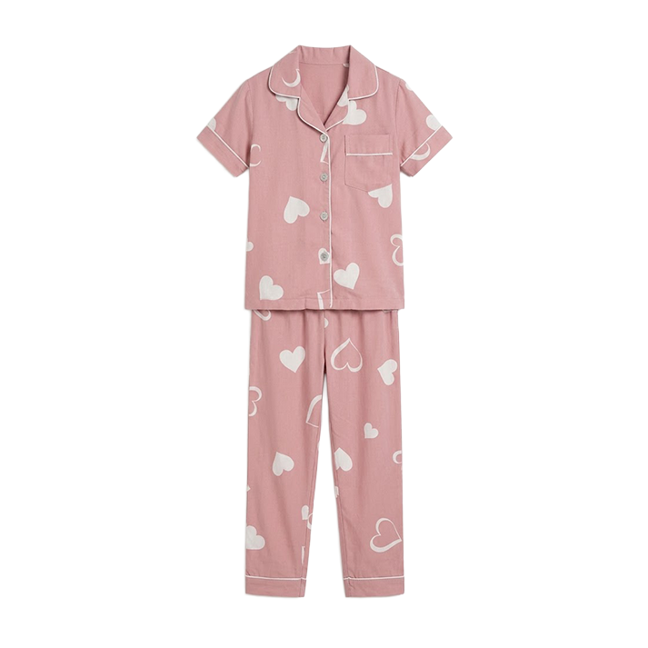 Girls Dusty Rose Heart Button-Front Pyjama Set