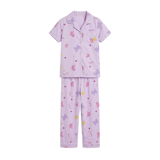 Girls Lilac Butterfly-Print Button-Front Pyjama Set