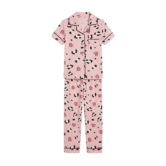 Girls Pink Leopard-Heart Button-Front Pyjama Set