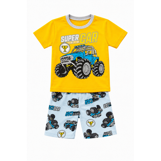 Boys Yellow Monster Truck T-Shirt & Shorts Set | Kids Car Outfit