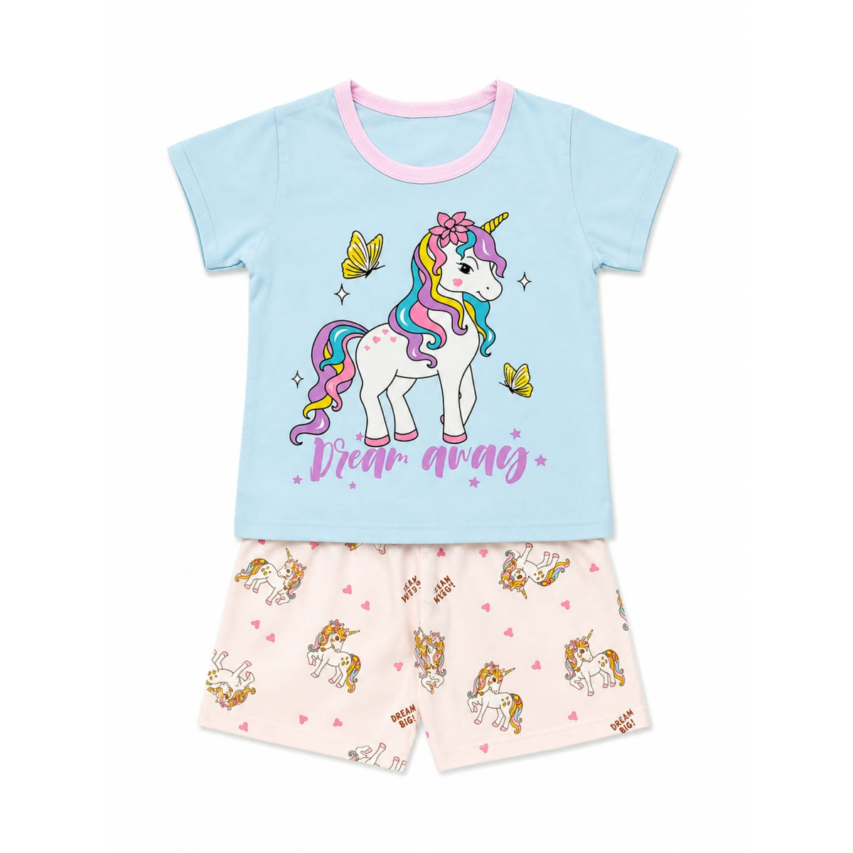 Unicorn print Girls Night Suit Set – Blue T-Shirt & Cream Shorts