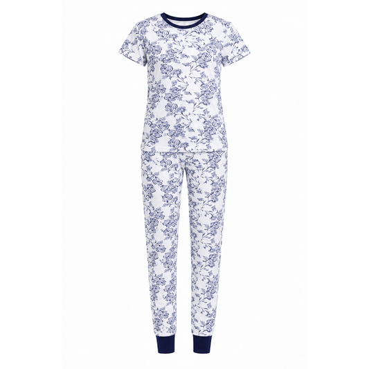 Women’s White & Navy Floral Pajama Set | Printed Night Suit