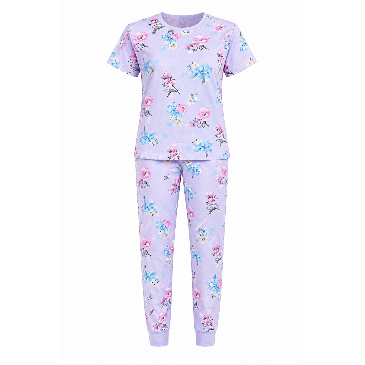 Women’s Blue Floral Pajama Set – Printed Night Suit