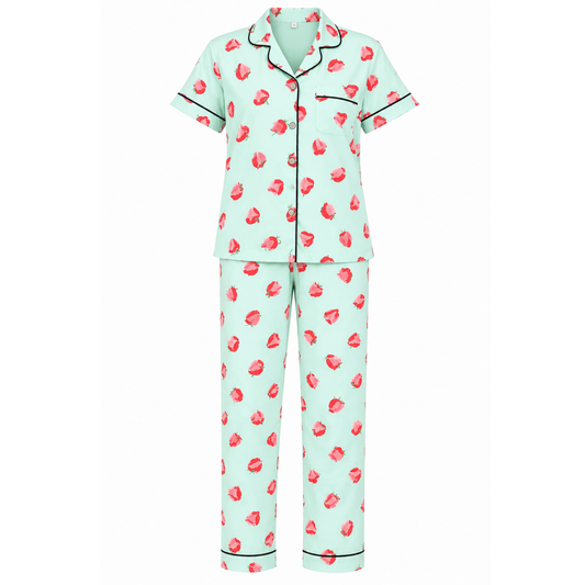 Women’s Pink Strawberry Print Pajama Set | Stylish Nightwear