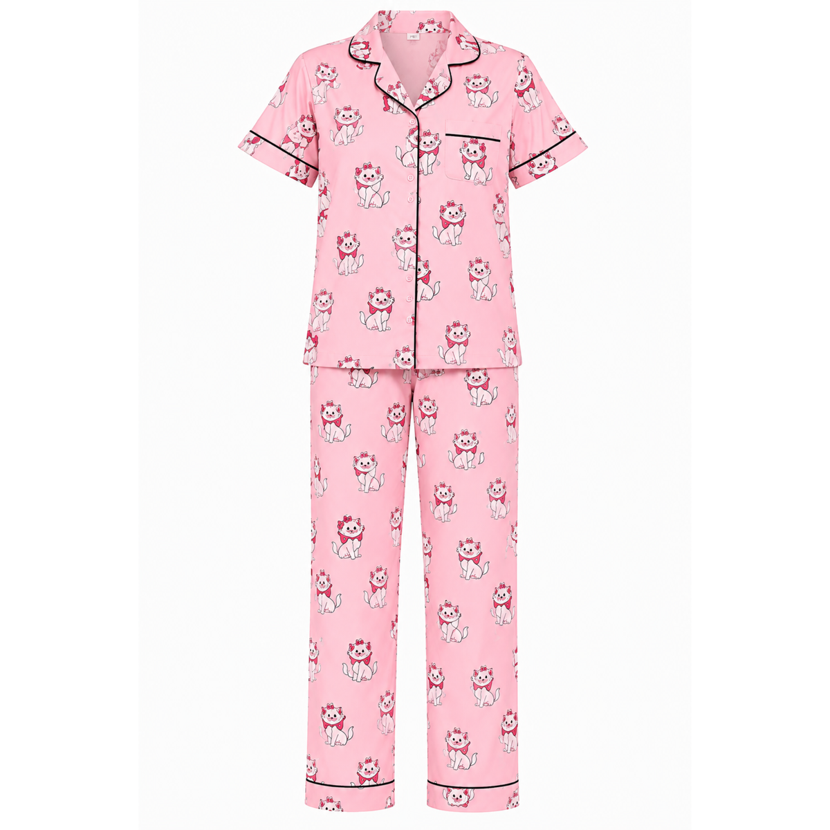 Women’s Pink Cat Print Pajama Set | Half Sleeve Button-Up Night Suit