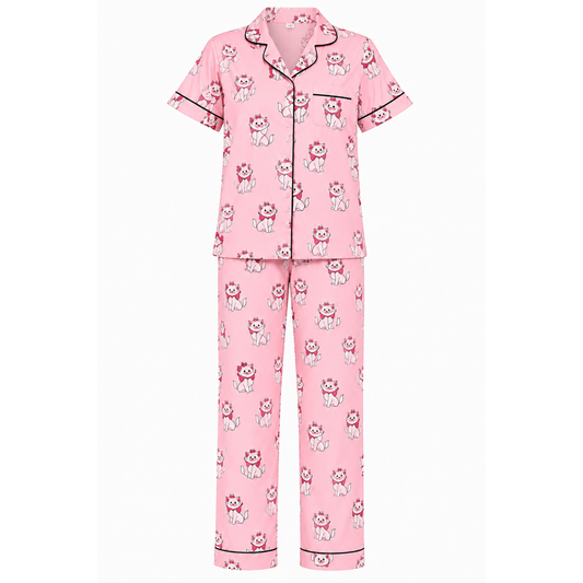 Women’s Pink Cat Print Pajama Set | Half Sleeve Button-Up Night Suit