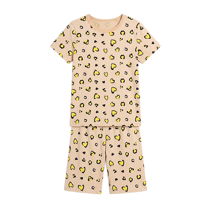 Girls Leopard Heart Print Half Sleeves Shorts Set