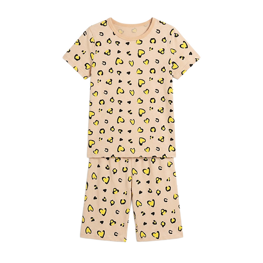 Girls Leopard Heart Print Half Sleeves Shorts Set