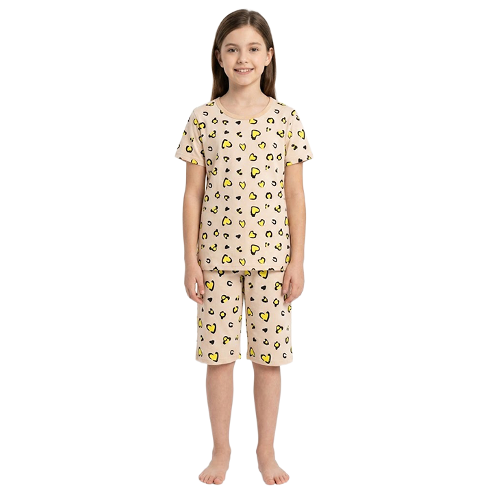 Girls Leopard Heart Print Half Sleeves Shorts Set