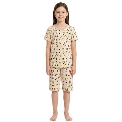 Girls Leopard Heart Print Half Sleeves Shorts Set