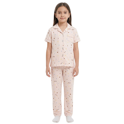 Girls Peach Dot & Heart Button-Front Pyjama Set
