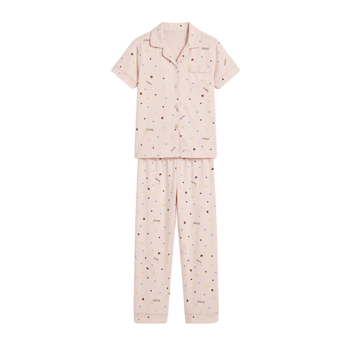 Girls Peach Dot & Heart Button-Front Pyjama Set