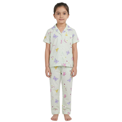 Girls Mint Butterfly Button-Front Pyjama Set