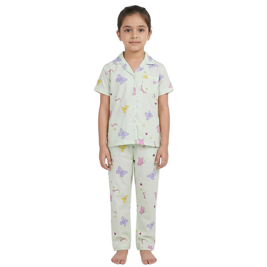 Girls Mint Butterfly Button-Front Pyjama Set