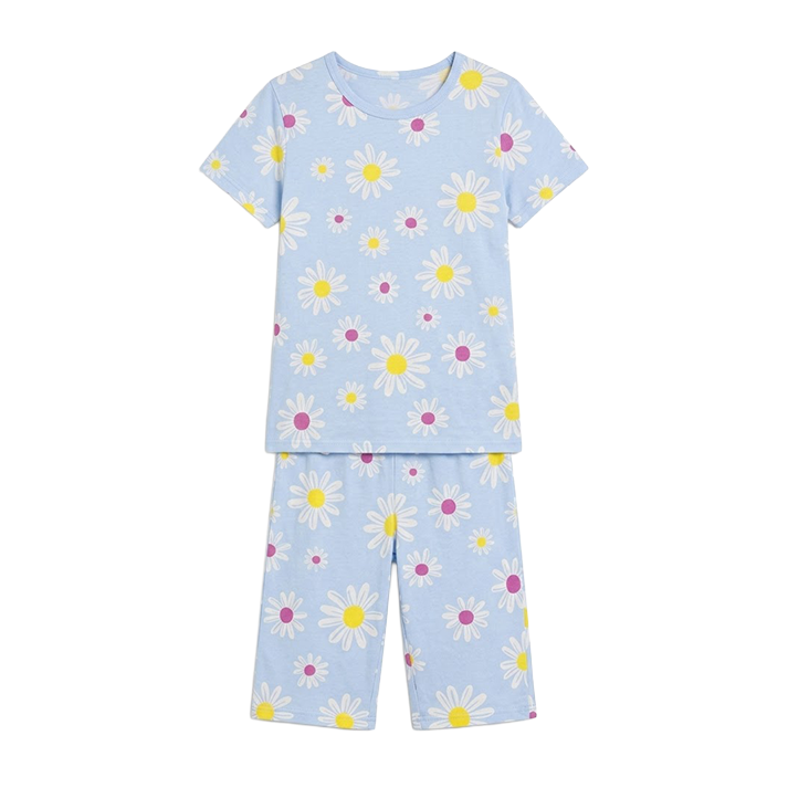Girls Daisy Floral Print Half Sleeves Shorts Set