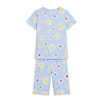 Girls Daisy Floral Print Half Sleeves Shorts Set