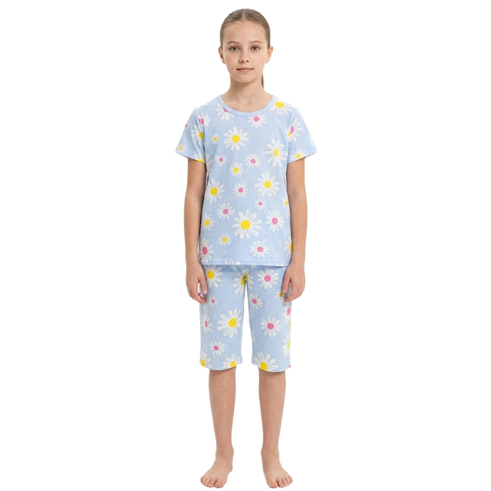 Girls Daisy Floral Print Half Sleeves Shorts Set