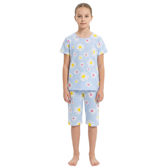 Girls Daisy Floral Print Half Sleeves Shorts Set