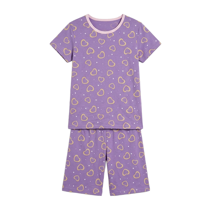 Girls Neon Heart Half Sleeves Shorts Set