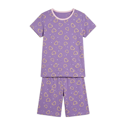 Girls Neon Heart Half Sleeves Shorts Set