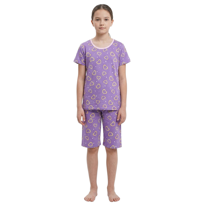 Girls Neon Heart Half Sleeves Shorts Set