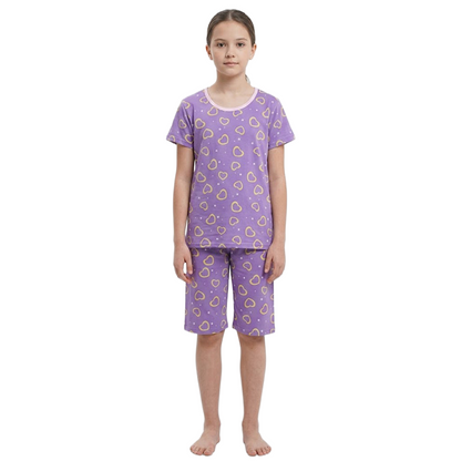 Girls Neon Heart Half Sleeves Shorts Set