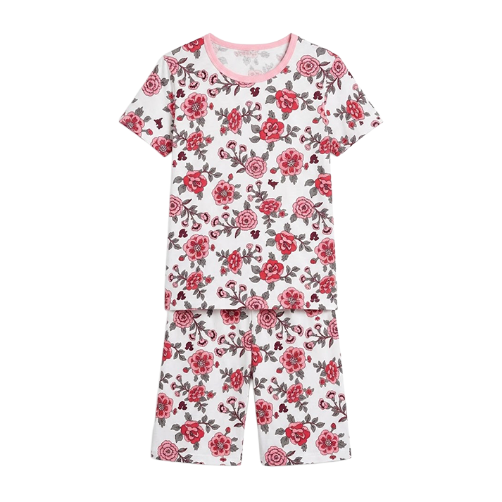 Girls Rose Floral Print Half Sleeves Shorts Set