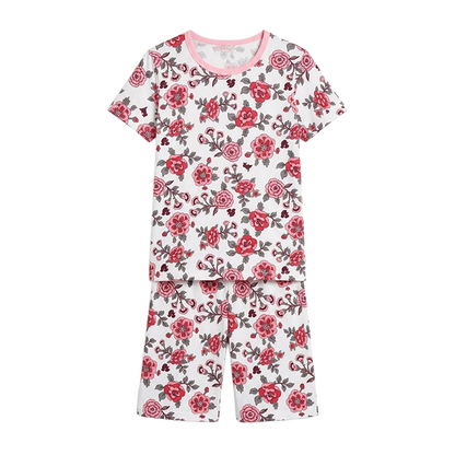 Girls Rose Floral Print Half Sleeves Shorts Set
