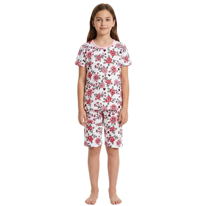 Girls Rose Floral Print Half Sleeves Shorts Set