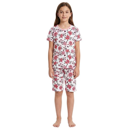 Girls Rose Floral Print Half Sleeves Shorts Set