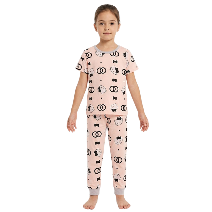 Girls Kitty Printed Half Sleeves Pyjama Set