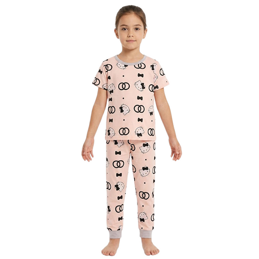 Girls Kitty Printed Half Sleeves Pyjama Set