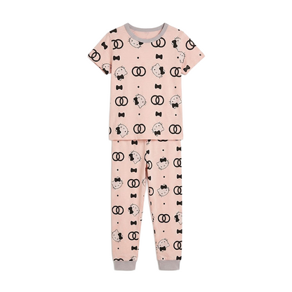 Girls Kitty Printed Half Sleeves Pyjama Set