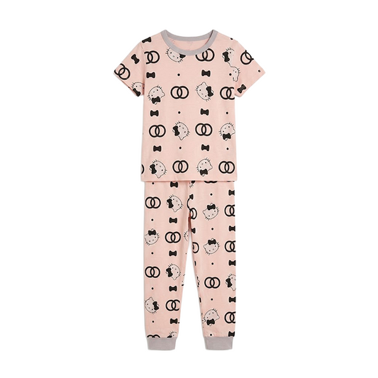 Girls Kitty Printed Half Sleeves Pyjama Set