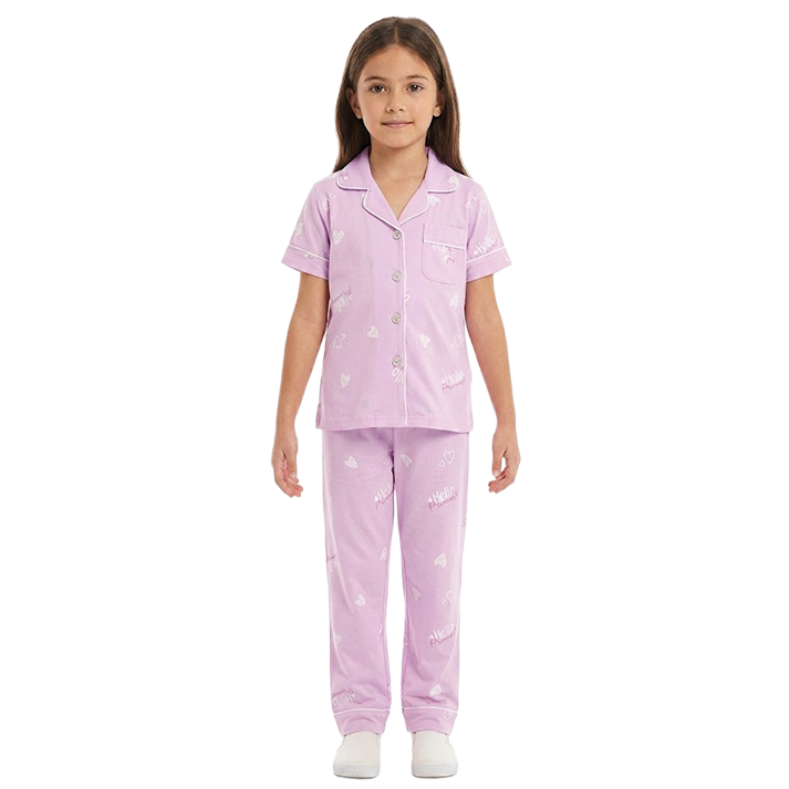 Girls Lavender Button-Front Pyjama Set
