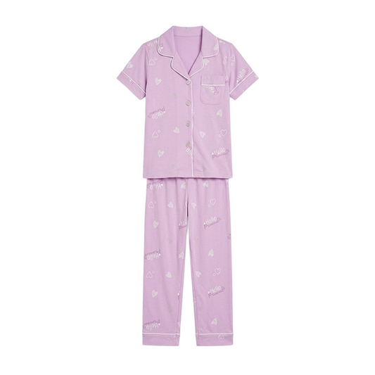 Girls Lavender Button-Front Pyjama Set
