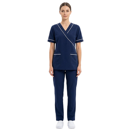 Maid's Contrast Asymmetric Mock-Wrap Uniform Set
