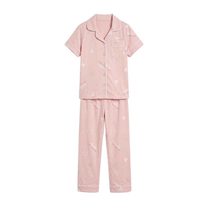 Girls Pastel Pink Button-Front Pyjama Set