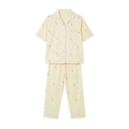 Women Cream Half Sleeves Pyjama Set