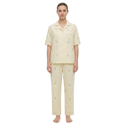 Women Cream Half Sleeves Pyjama Set