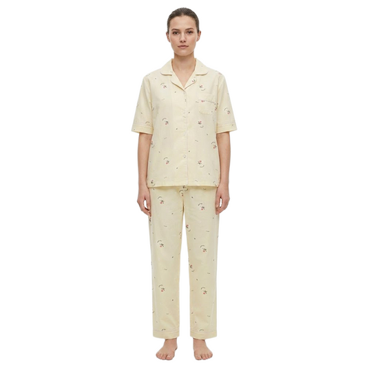 Women Cream Half Sleeves Pyjama Set