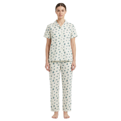 Women Green Hearts Half Sleeves Pyjama Set