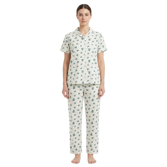 Women Green Hearts Half Sleeves Pyjama Set