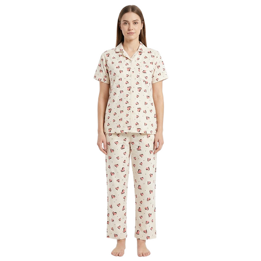 Women Pink Hearts Half Sleeves Pyjama Set