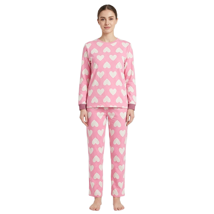 Women Heart Pattern Full Sleeves Pyjama Set